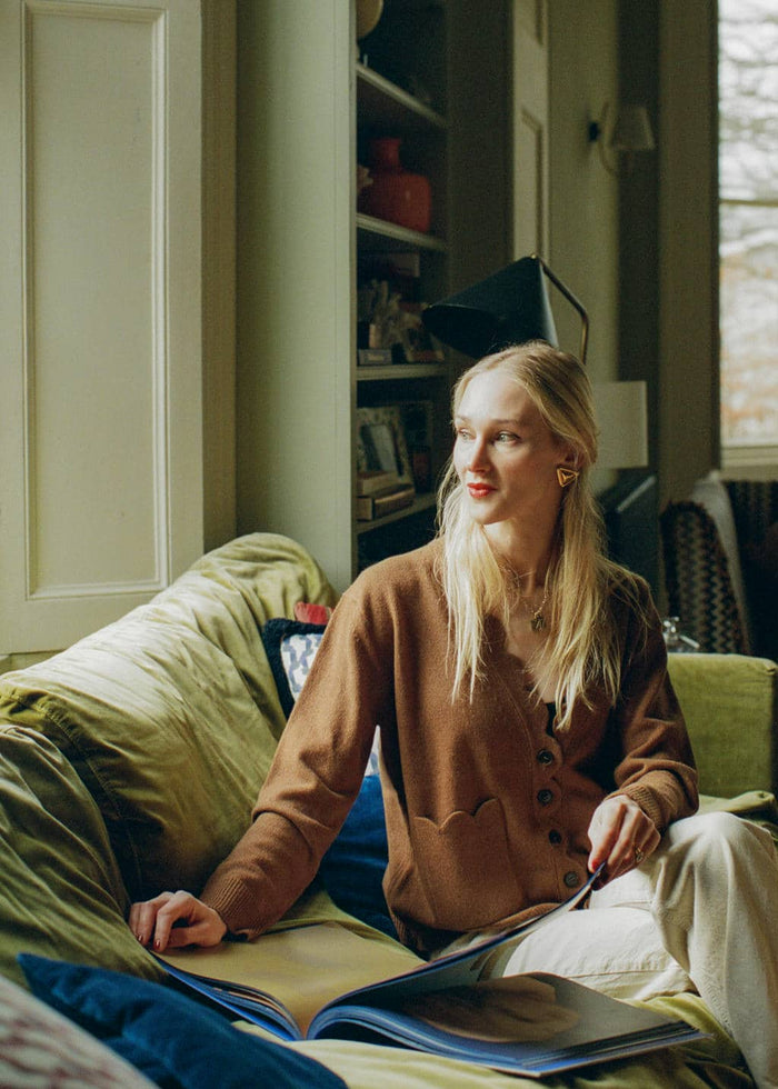 Rosalyn Wikeley wearing a JAKOB cashmere cardigan